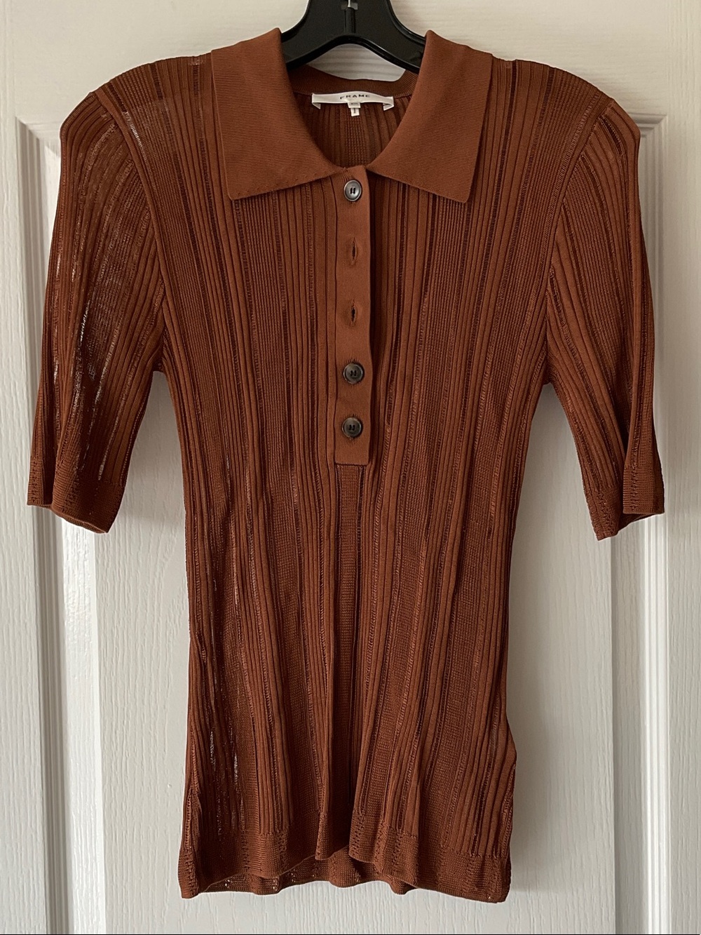 Frame Denim Ribbed Button-Down Polo Top - Brown